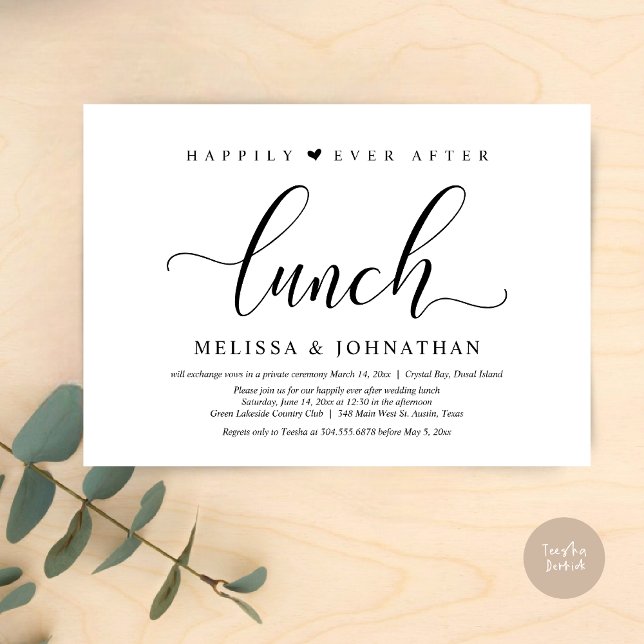 Convite Feliz Para Sempre Após O Almoço, Festa De Elopemen (Happily Ever After Lunch Invitation Card, PDF, Modern Classy Script, in Black and White)