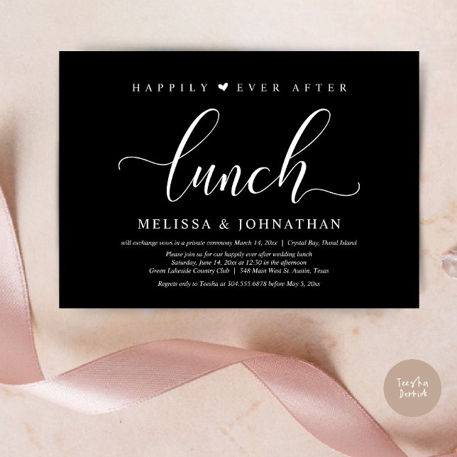 Convite Feliz Para Sempre Após O Almoço, Festa De Elopemen (Happily Ever After Lunch Invitation Card, PDF, Modern Classy Script, in Classy Black)