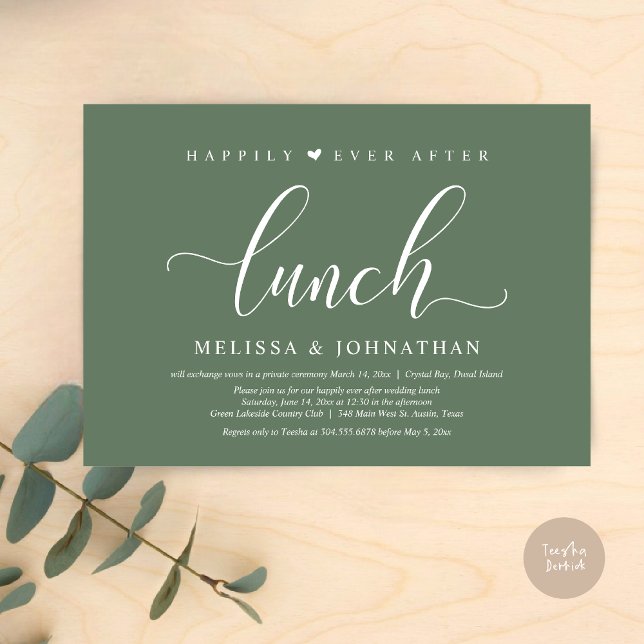 Convite Feliz Para Sempre Após O Almoço, Festa De Elopemen (Happily Ever After Lunch Invitation Card, PDF, Modern Classy Script, in Sage Green)