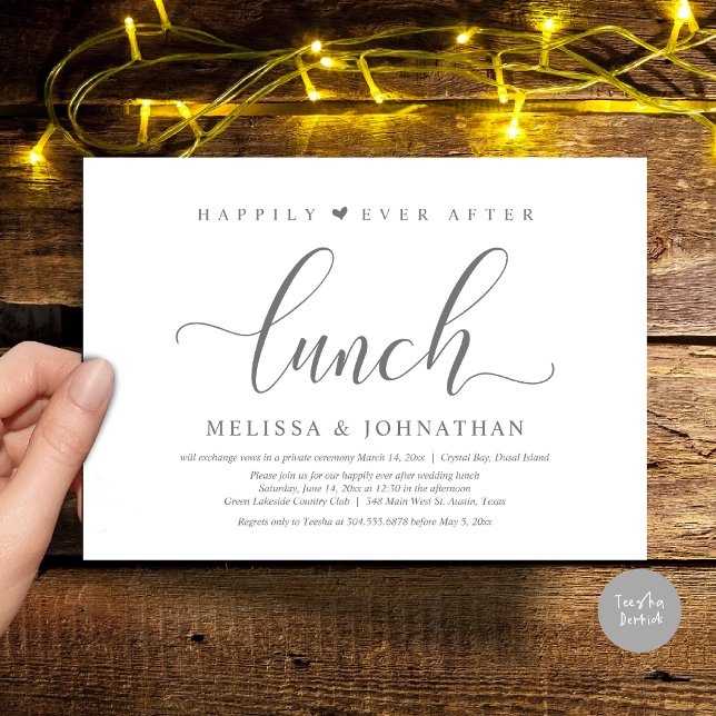Convite Feliz Para Sempre Após O Almoço, Festa De Elopemen (Happily Ever After Lunch Invitation Card, PDF, Modern Classy Script, in Dark Grey)