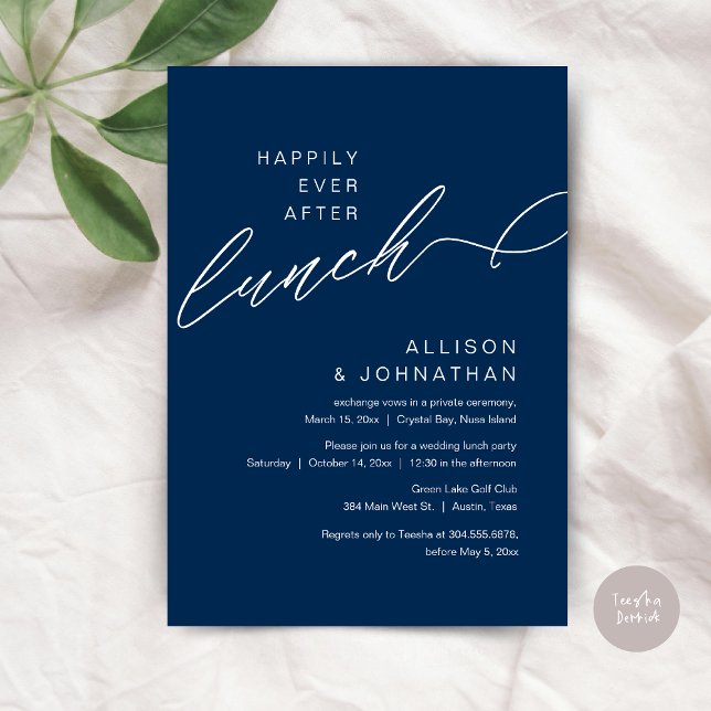 Convite Feliz Para Sempre Após O Almoço, Marinho De Casame (Happily Ever After Lunch, Wedding Elopement Invitation Card, PDF, Modern Classy, in Navy Blue)