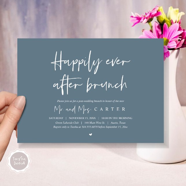 Convite Feliz para sempre após o casamento poste moderno (Happily Ever After Brunch Invitation Card, PDF, Modern Wedding Elopement, Celebration, Dusty Blue)