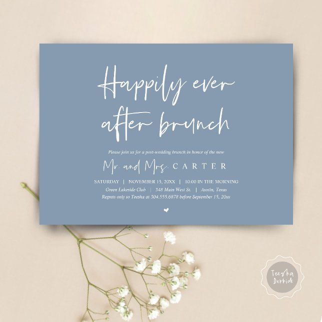 Convite Feliz para sempre após o casamento poste moderno (Happily Ever After Brunch Invitation Card, PDF, Modern Wedding Elopement, Celebration, Dusty Blue)
