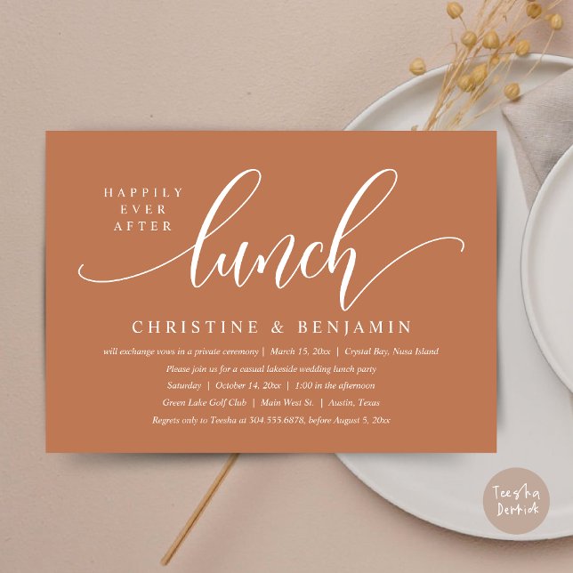 Convite Feliz Para Sempre Após O Elopemento De Almoço, Scr (Happily Ever After Lunch, Modern Wedding Elopement Invitation Card, PDF, in Copper Rust Brown)