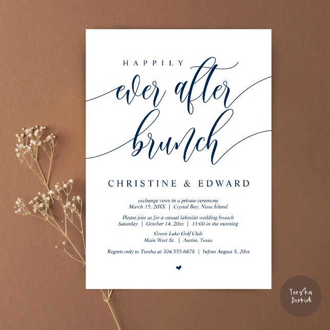 Convite Feliz Para Sempre, Depois De Elopement Brunch, Mar (Happily Ever After Elopement Brunch Invitation Card, Post-wedding, PDF, in Navy Blue)