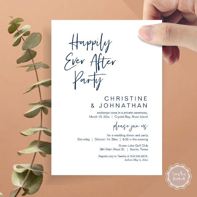 Convite Feliz Para Sempre, Festa de Elopemento de Casament (Happily Ever After Party, Wedding Elopement Invitation Card, PDF, Modern Casual, Classy Navy Blue)