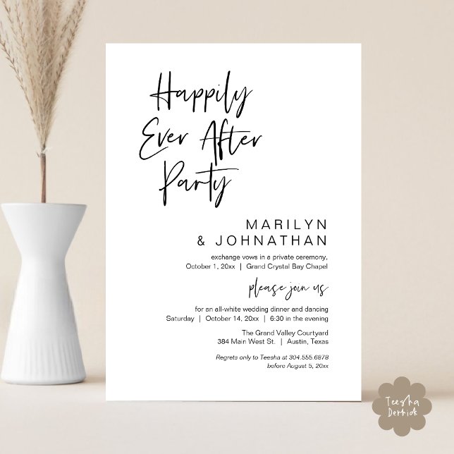 Convite Feliz Para Sempre, Festa de Elopemento de Casament (Happily Ever After Party Invitation Card PDF Modern Wedding Dinner Dancing Black White )