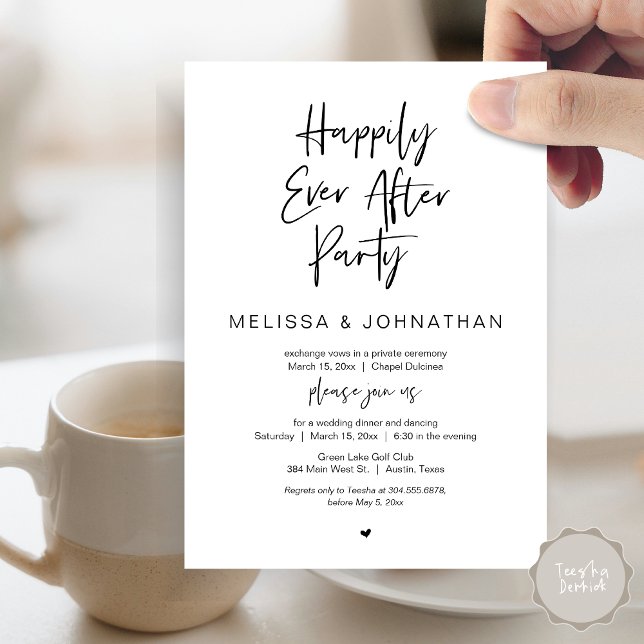 Convite Feliz Para Sempre, Festa de Elopemento de Casament (Happily Ever After Party, Wedding Dinner and Dancing Invitation Card, PDF, in Black and White)