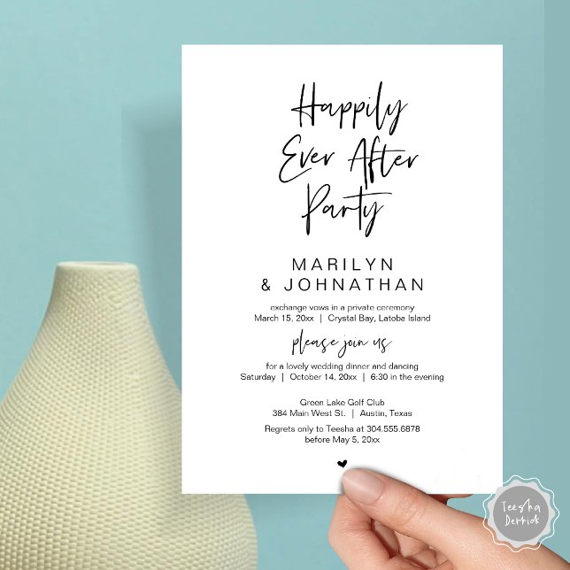 Convite Feliz Para Sempre, Festa de Elopemento de Casament (Happily Ever After, Wedding Elopement Modern Summer Party Invitation Card, PDF, in Black White)