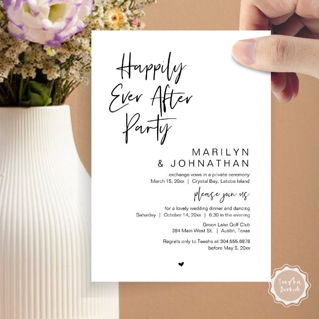 Convite Feliz Para Sempre, Festa de Elopemento de Casament (Happily Ever After, Wedding Elopement Modern Summer Party Invitation Card, PDF, in Black White)