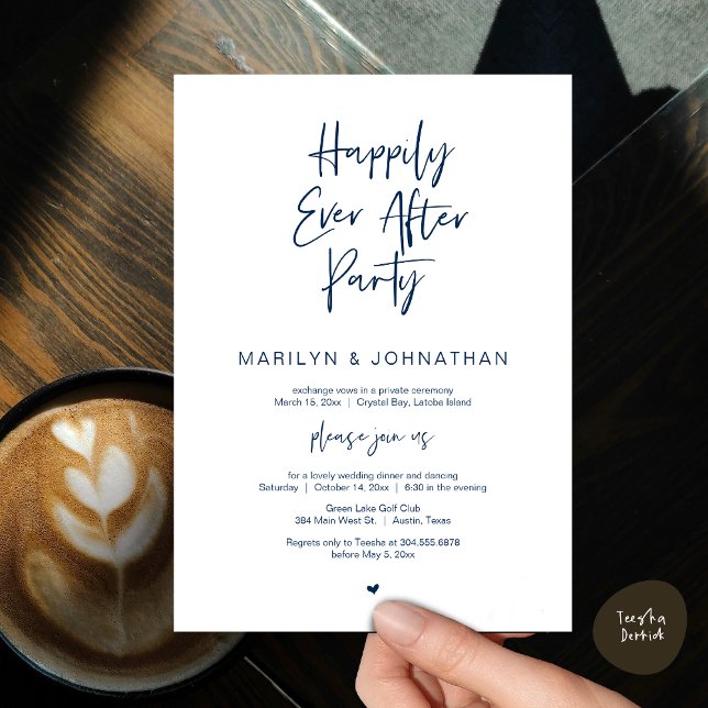 Convite Feliz Para Sempre, Festa de Elopemento de Casament (Happily Ever After, Wedding Elopement Modern Summer Party Invitation Card, PDF, in Navy Blue)