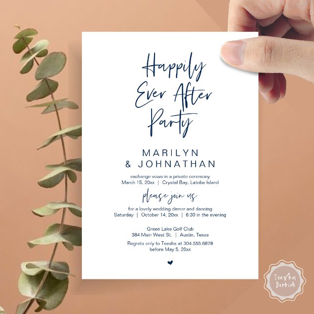Convite Feliz Para Sempre, Festa de Elopemento de Casament (Happily Ever After, Wedding Elopement Modern Summer Party Invitation Card, PDF, in Navy Blue)