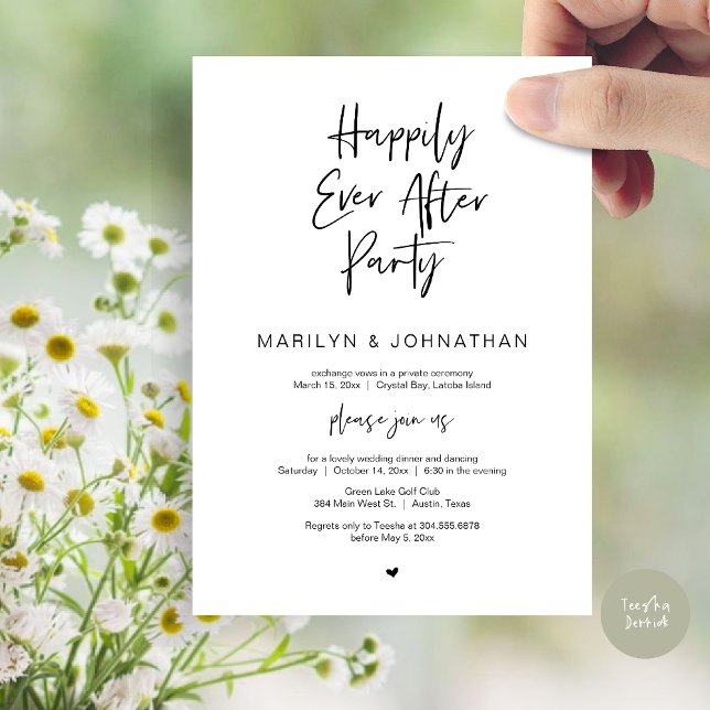Convite Feliz Para Sempre, Festa de Elopemento de Casament (Happily Ever After, Wedding Elopement Modern Summer Party Invitation Card, PDF, in Black White)