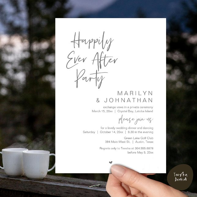 Convite Feliz Para Sempre, Festa de Elopemento de Casament (Happily Ever After, Wedding Elopement Modern Summer Party Invitation Card, PDF, in Dark Grey)