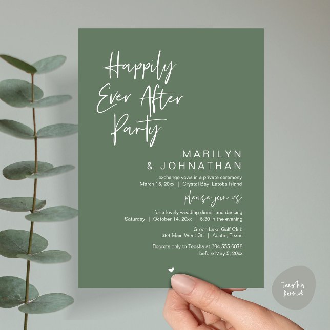 Convite Feliz Para Sempre, Festa de Elopemento de Casament (Happily Ever After, Wedding Elopement Modern Summer Party Invitation Card, PDF, in Forest Sage Green)