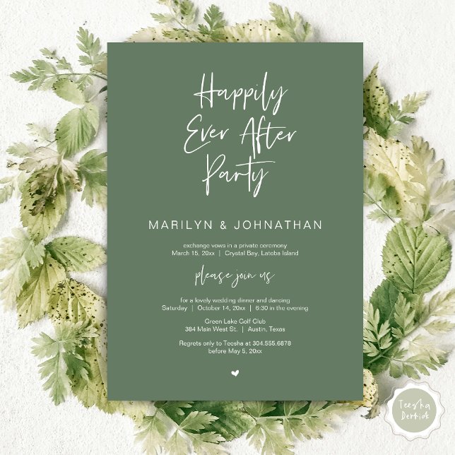 Convite Feliz Para Sempre, Festa de Elopemento de Casament (Happily Ever After, Wedding Elopement Modern Summer Party Invitation Card, PDF, in Forest Sage Green)