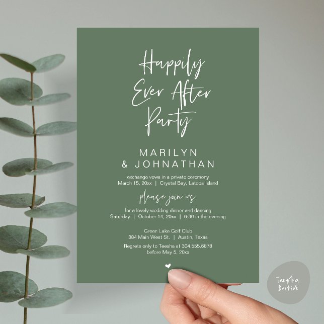 Convite Feliz Para Sempre, Festa de Elopemento de Casament (Happily Ever After, Wedding Elopement Modern Summer Party Invitation Card, PDF, in Forest Sage Green)
