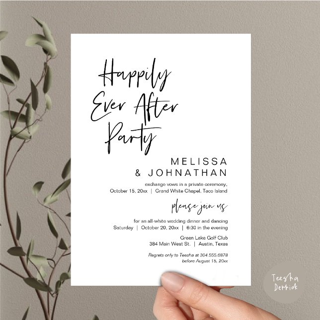 Convite Feliz Para Sempre, Festa de Elopemento de Casament (Happily Ever After Party Invitation Card, PDF, Wedding Elopement Dinner Brunch Lunch, White Black)