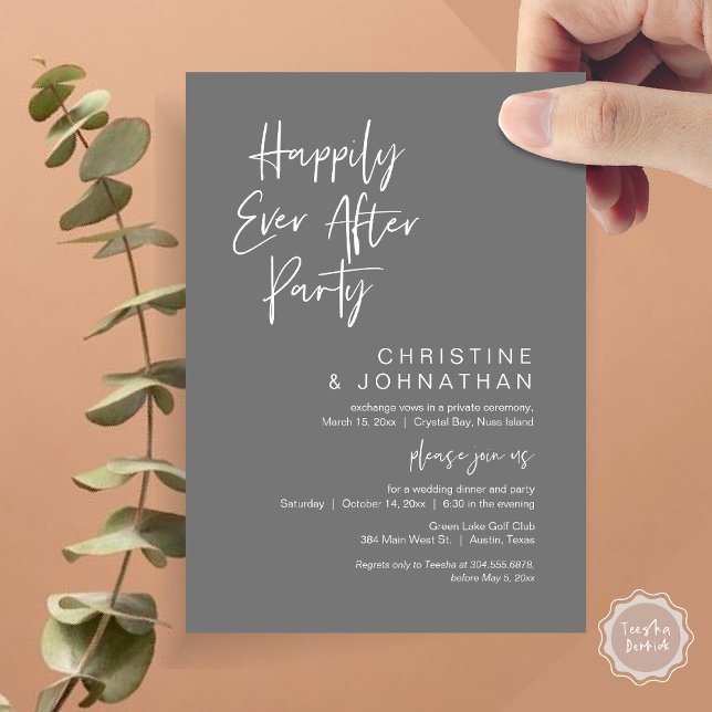 Convite Feliz Para Sempre, Festa de Janto de Elopemento de (Happily Ever After Party, Wedding Elopement Dinner Invitation Card, PDF, Modern, Dark Grey)