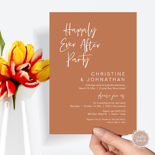 Convite Feliz Para Sempre, Festa de Janto de Elopemento de (Happily Ever After Party, Wedding Elopement Dinner Invitation Card, PDF, Modern, Copper Rust Brown)