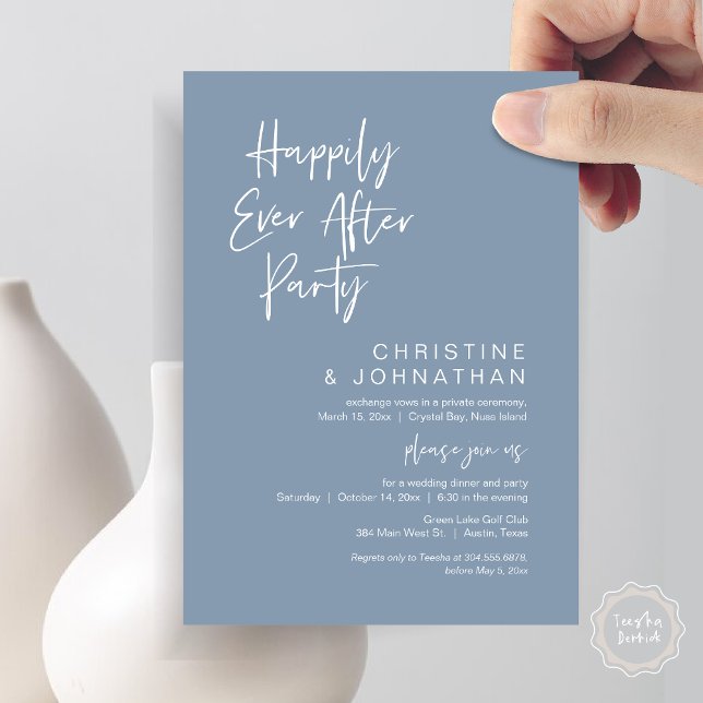 Convite Feliz Para Sempre, Festa de Janto de Elopemento de (Happily Ever After Party, Wedding Elopement Dinner Invitation Card, PDF, Modern, Dusty Blue)