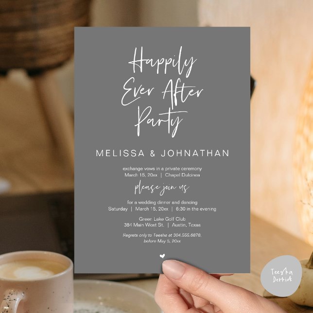 Convite Feliz Para Sempre, Festa de Janto de Elopemento de (Happily Ever After Party, Wedding Dinner and Dancing Invitation Card, PDF, in Dark Grey)