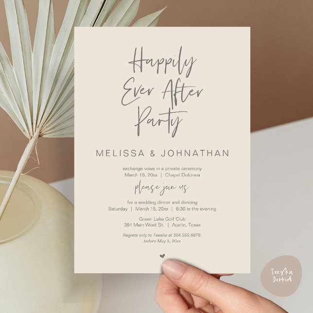 Convite Feliz Para Sempre, Festa de Janto de Elopemento de (Happily Ever After Party, Wedding Dinner and Dancing Invitation Card, PDF, in Dark Grey Cream)