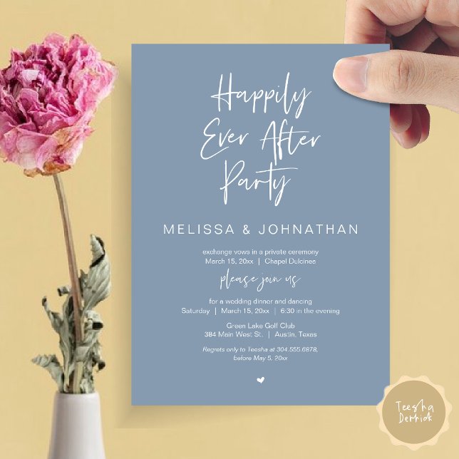 Convite Feliz Para Sempre, Festa de Janto de Elopemento de (Happily Ever After Party, Wedding Dinner and Dancing Invitation Card, PDF, in Dusty Blue)
