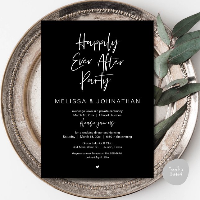 Convite Feliz Para Sempre, Festa de Janto de Elopemento de (Happily Ever After Party, Wedding Dinner and Dancing Invitation Card, PDF, in Classy Black)