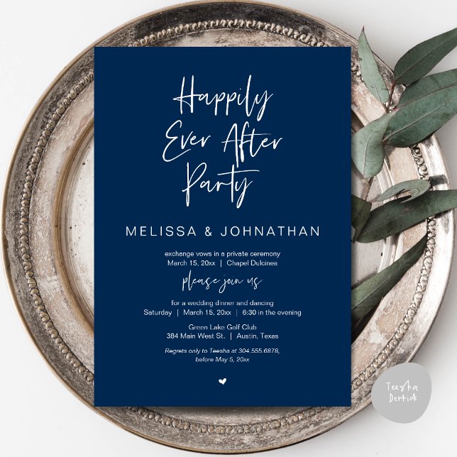 Convite Feliz Para Sempre, Festa de Janto de Elopemento de (Happily Ever After Party, Wedding Dinner and Dancing Invitation Card, PDF, in Navy Blue)