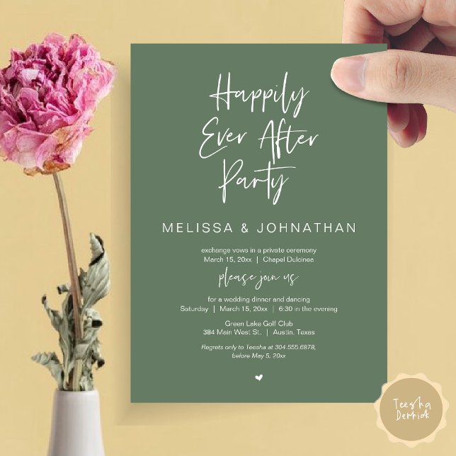 Convite Feliz Para Sempre, Festa de Janto de Elopemento de (Happily Ever After Party, Wedding Dinner and Dancing Invitation Card, PDF, in Forest Sage Green)