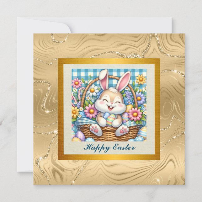 Convite Feliz Páscoa Com Coelhinho Fofinho, Ovos e Floral (Frente)