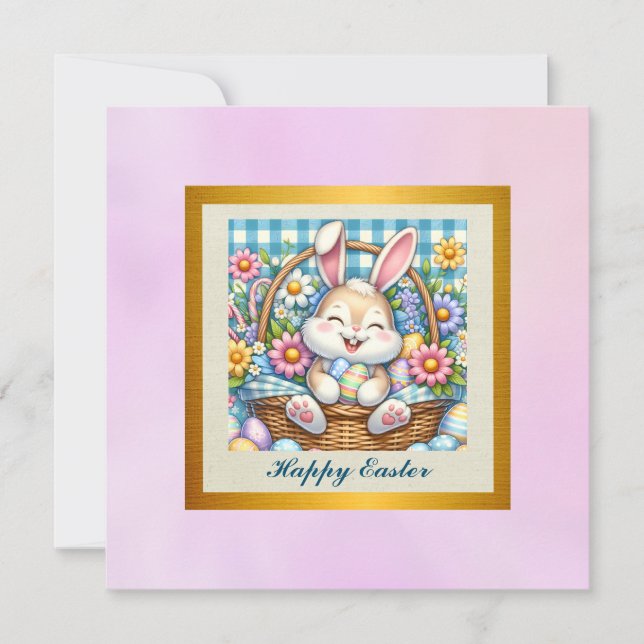 Convite Feliz Páscoa Com Coelhinho Fofo, Ovos e Floral (Frente)