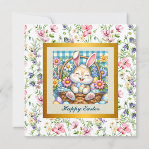 Convite Feliz Páscoa Com Coelhinho Fofo, Ovos e Floral