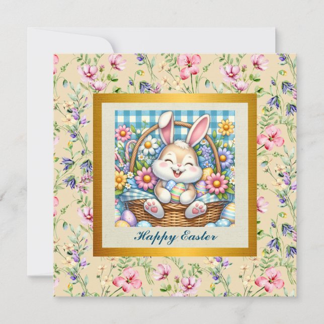 Convite Feliz Páscoa Com Coelhinho Fofo, Ovos e Floral (Frente)