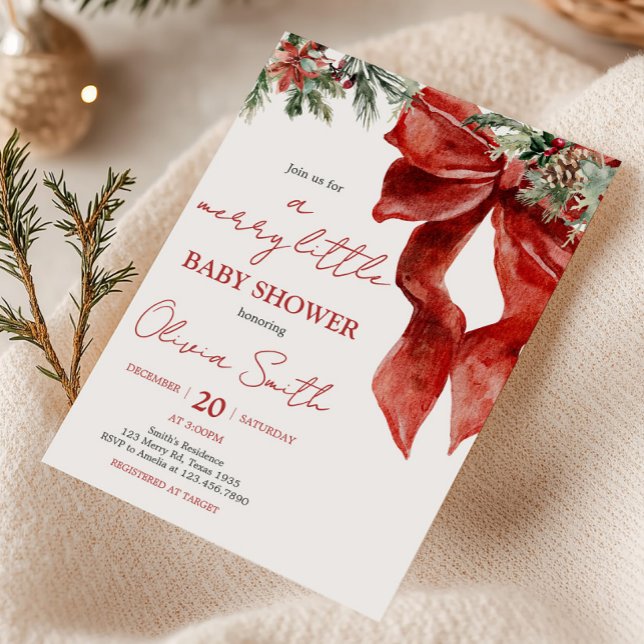 Convite Feliz Pequeno Chá de fraldas de Natal (Red Bow Merry Little Christmas Baby Shower Invitation)