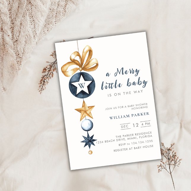 Convite Feliz Pequeno Chá de fraldas do Monograma de inver (Merry Little Winter Monogram Baby Shower Invitation)