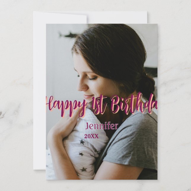 Convite Feliz primeiro aniversario, bebê mãe vermelha, lar (Frente)