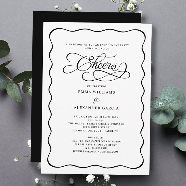 Convite Feliz Quadro de Onda de Festa de noivado de Casame (Cheers Wedding Engagement Party Wavy Frame Invitation)
