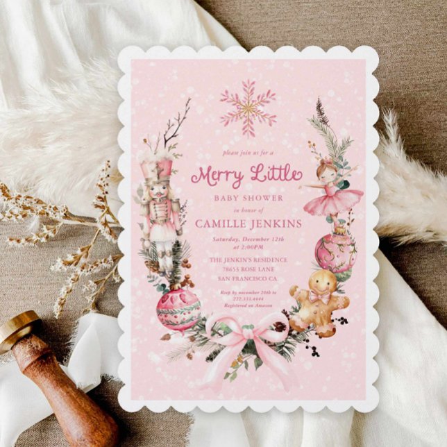 Convite Feliz Rosa Nutcracker Pequeno Chá de fraldas (Christmas Girl baby shower invitation)