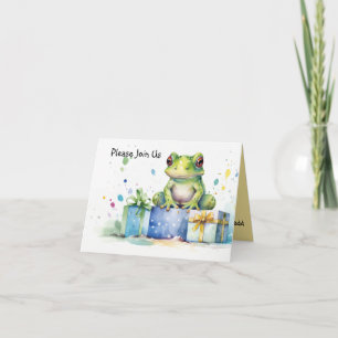 Convite Feliz sapo Verde de Aniversário com presentes empa