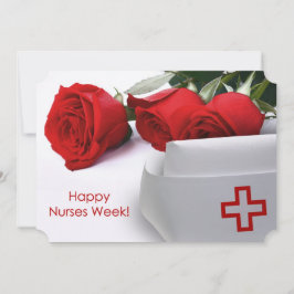 Convite Feliz Semana das Enfermeiras. Rosa vermelha e plac