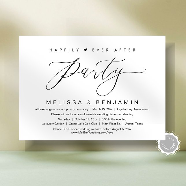 Convite Feliz Sempre Após o Elopemento Jante, Script Moder (Happily Ever After Dinner Elopement Party, Modern Script Invitation Card, Digital and printed copy,)