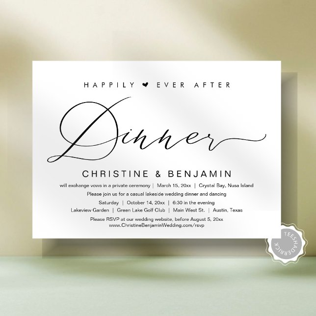 Convite Feliz Sempre Após o Elopemento Jante, Script Moder (Happily Ever After Dinner Elopement Party, Modern Script Invitation Card, Digital and Printed Copies)
