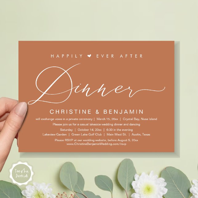 Convite Feliz Sempre Após o Elopemento Jante, Script Moder (Happily Ever After Dinner Invitation Card, PDF, Modern Romantic Script, in Copper Rust Brown)