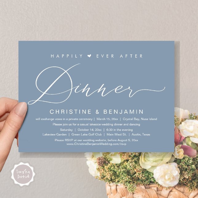 Convite Feliz Sempre Após o Elopemento Jante, Script Moder (Happily Ever After Dinner Invitation Card, PDF, Modern Romantic Script, in Dusty Blue)
