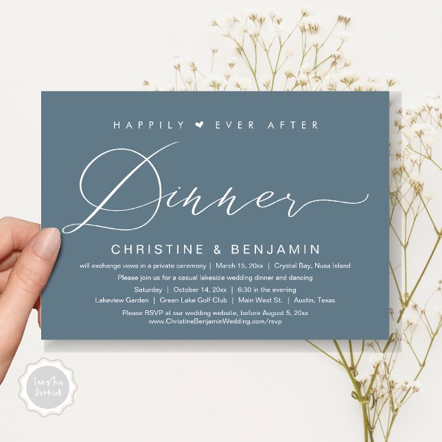 Convite Feliz Sempre Após o Elopemento Jante, Script Moder (Happily Ever After Dinner Invitation Card, PDF, Modern Romantic Script, in Dark Dusty Blue)
