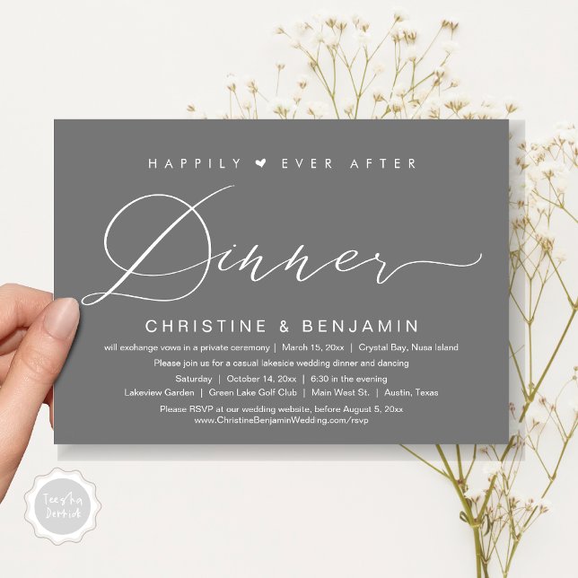 Convite Feliz Sempre Após o Elopemento Jante, Script Moder (Happily Ever After Dinner Invitation Card, PDF, Modern Romantic Script, in Dark Grey)