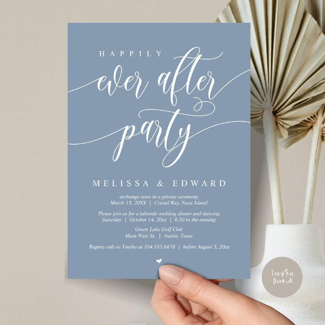 Convite Feliz Sempre Depois Da Festa De Elopemento, Azul D (Happily Ever After Elopement Party Invitation Card, PDF, Modern Wedding Dinner, in Dusty Blue)