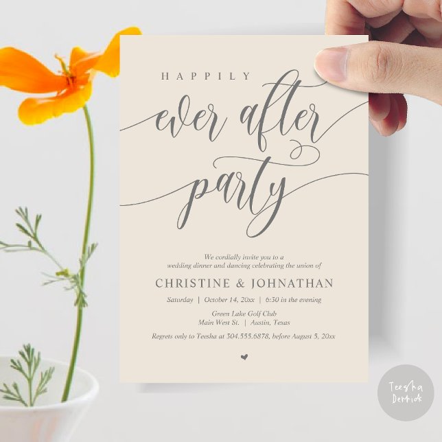 Convite Feliz Sempre Depois da Festa Jantar Dançar (Happily Ever After Party Dinner Dancing Modern Invitation Card, PDF, in Dark Grey Cream)